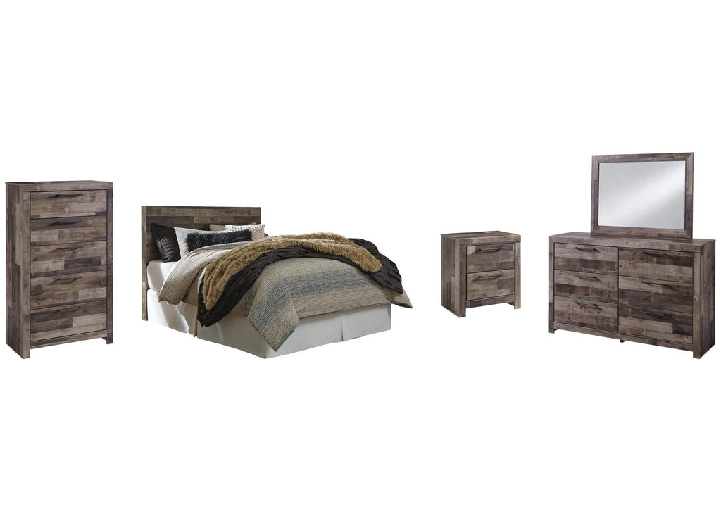 Derekson Queen/Full Panel Headboard Bed with Mirrored Dresser, Chest and Nightstand