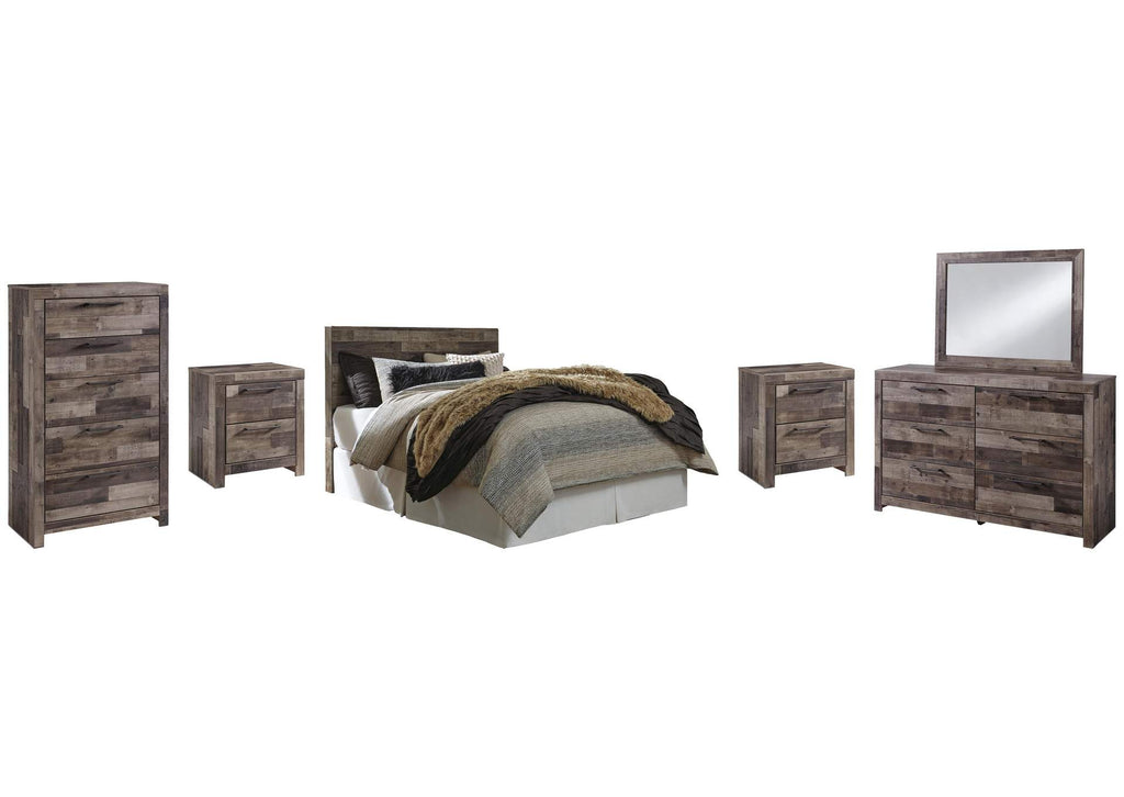 Derekson Queen/Full Panel Headboard Bed with Mirrored Dresser, Chest and 2 Nightstands