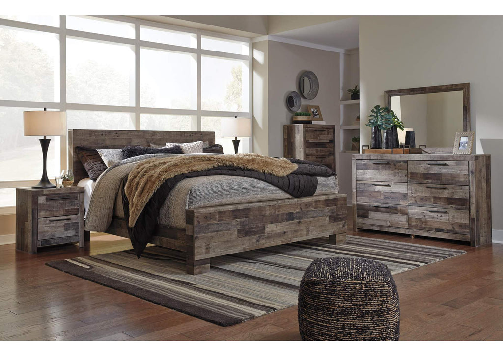 Derekson King Panel Bed with Mirrored Dresser, Chest and Nightstand