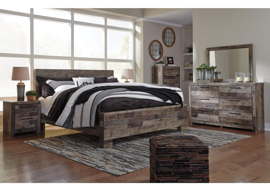 Derekson King Panel Bed with Mirrored Dresser, Chest and Nightstand