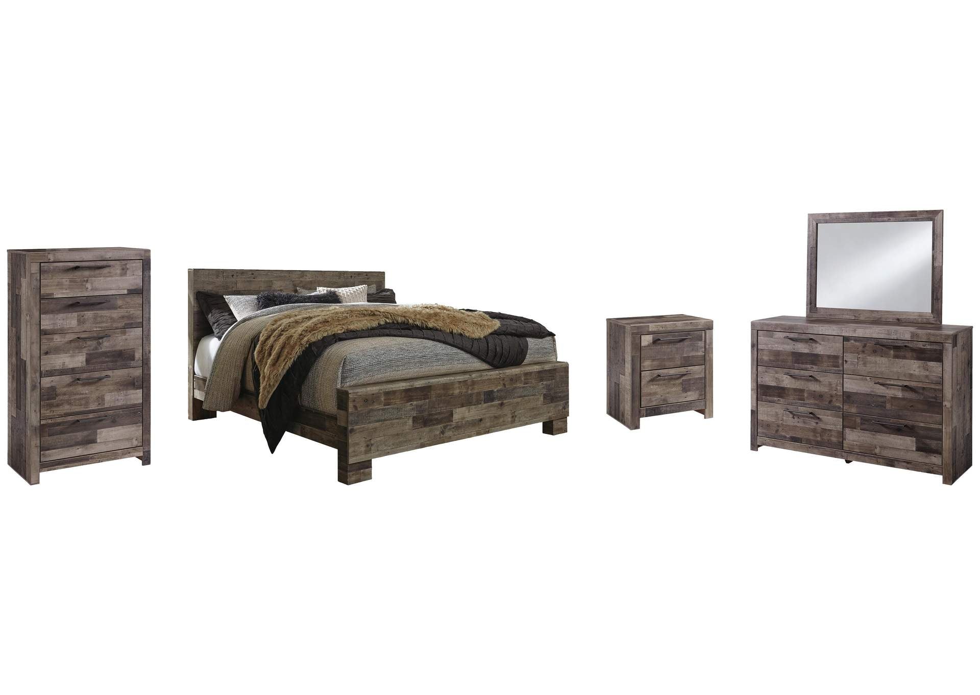 Derekson King Panel Bed with Mirrored Dresser, Chest and Nightstand