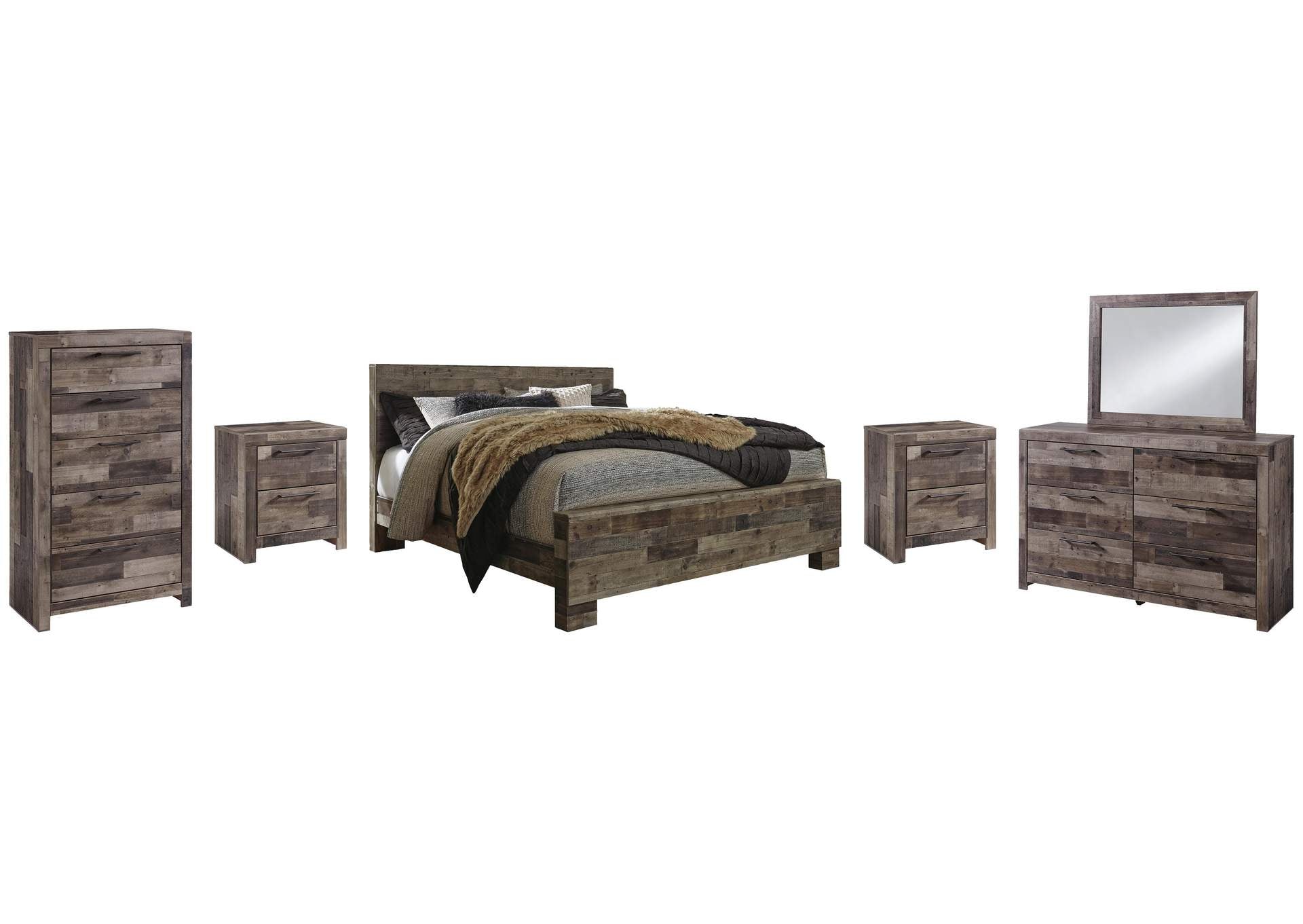 Derekson King Panel Bed with Mirrored Dresser, Chest and 2 Nightstands