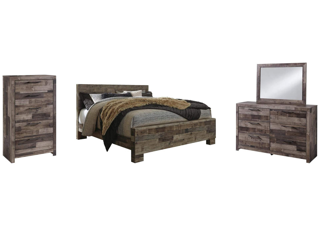 Derekson King Panel Bed with Mirrored Dresser and Chest