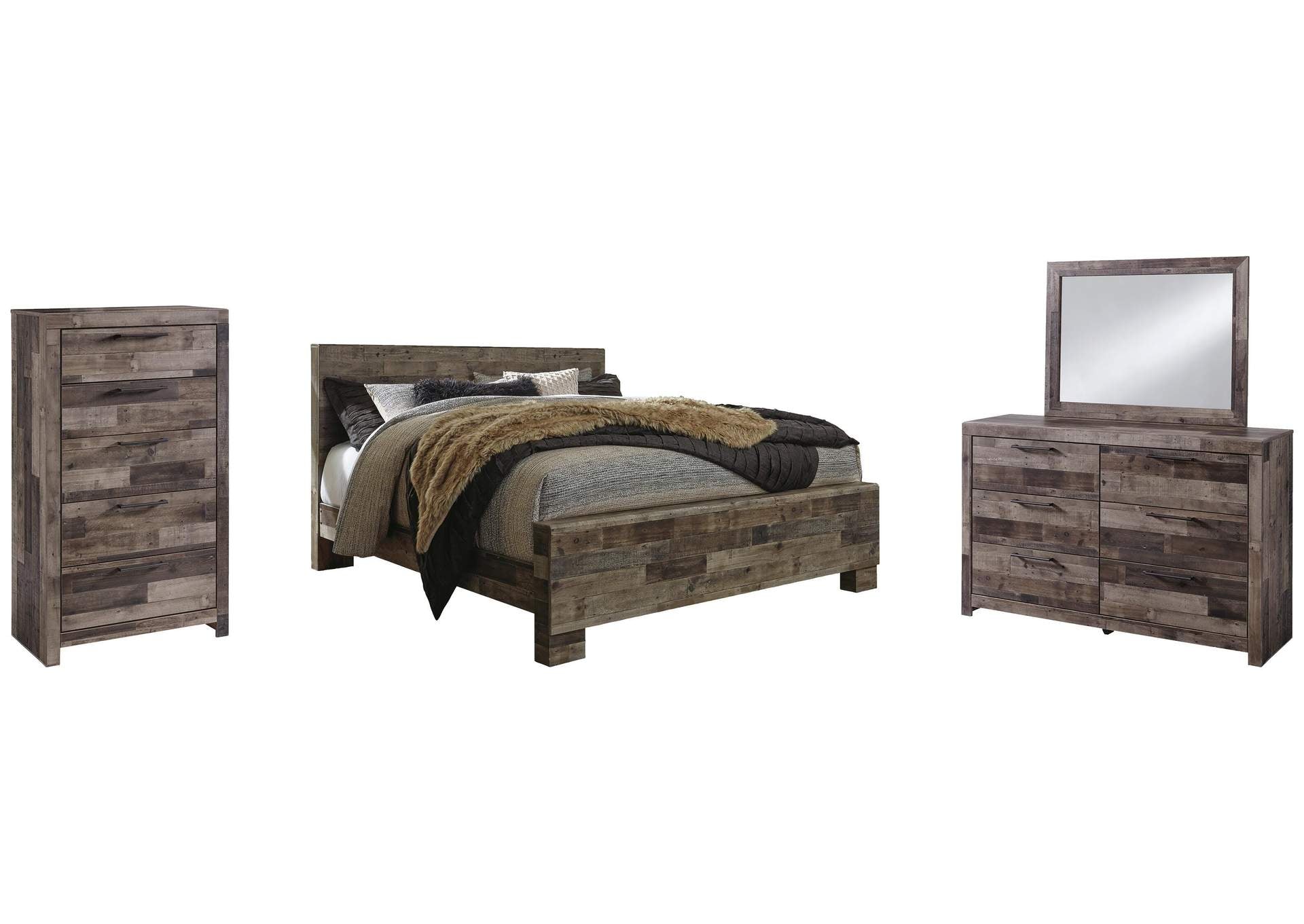 Derekson King Panel Bed with Mirrored Dresser and Chest