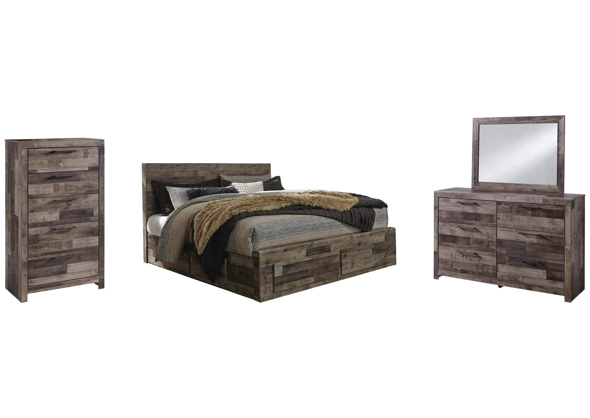 Derekson King Panel Bed with 4 Storage Drawers with Mirrored Dresser and Chest