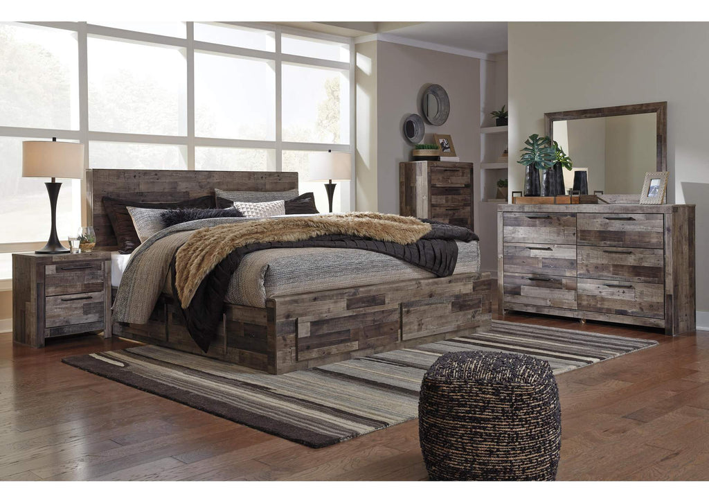 Derekson King Panel Bed with 4 Storage Drawers with Mirrored Dresser, Chest and Nightstand