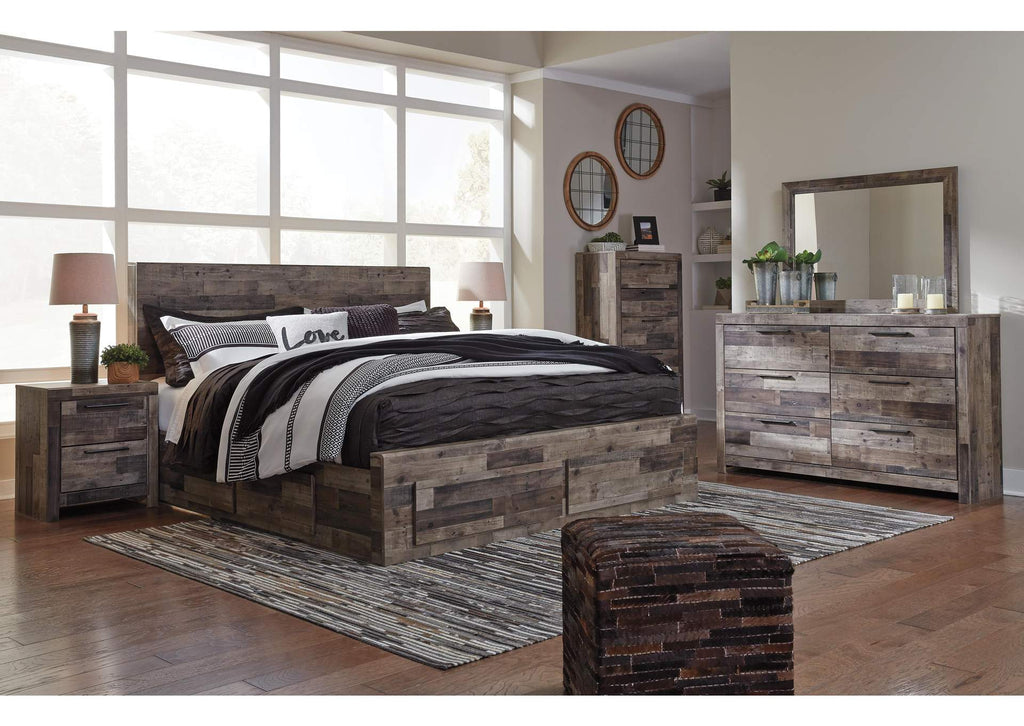 Derekson King Panel Bed with 4 Storage Drawers with Mirrored Dresser, Chest and 2 Nightstands