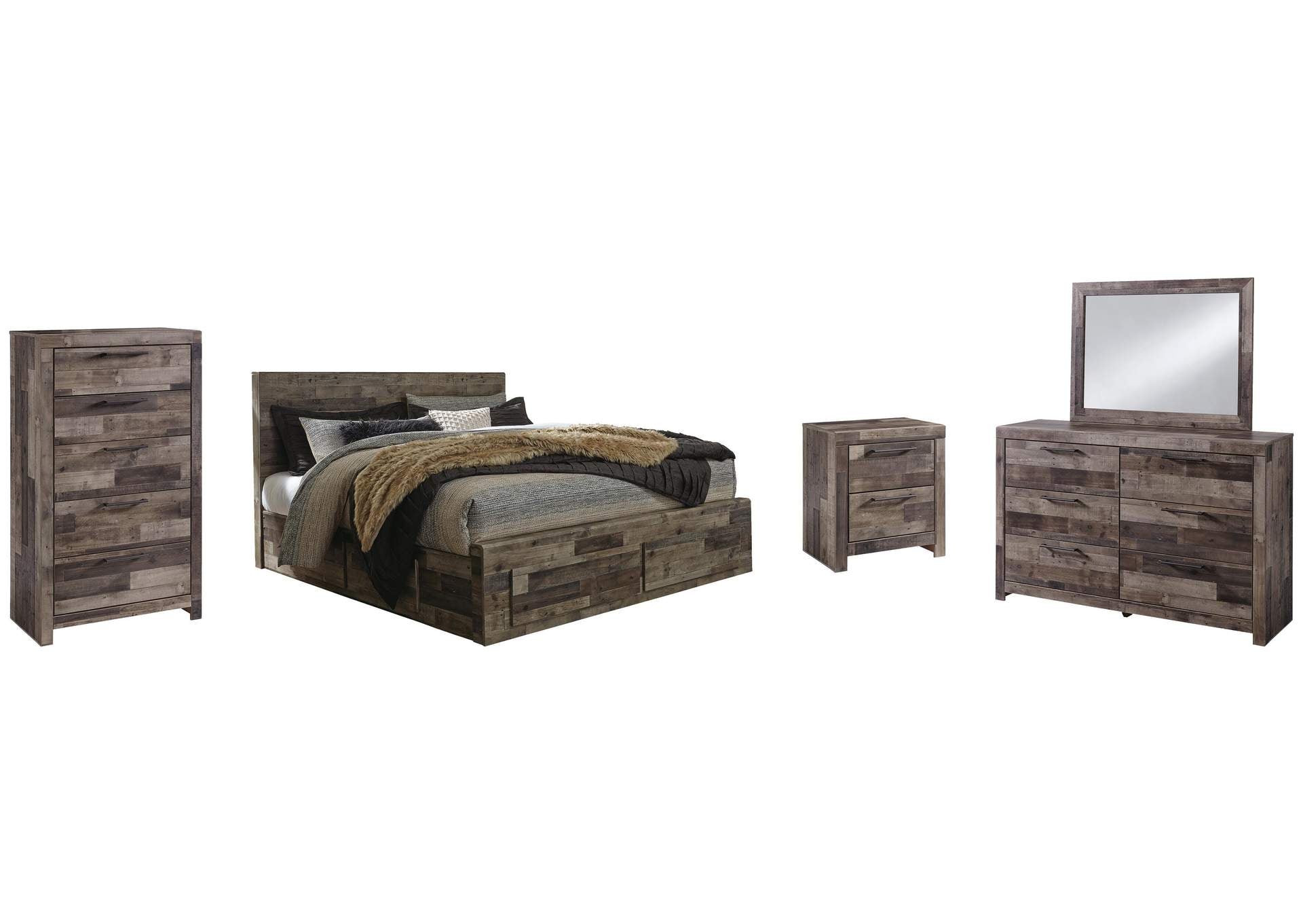Derekson King Panel Bed with 6 Storage Drawers with Mirrored Dresser, Chest and Nightstand
