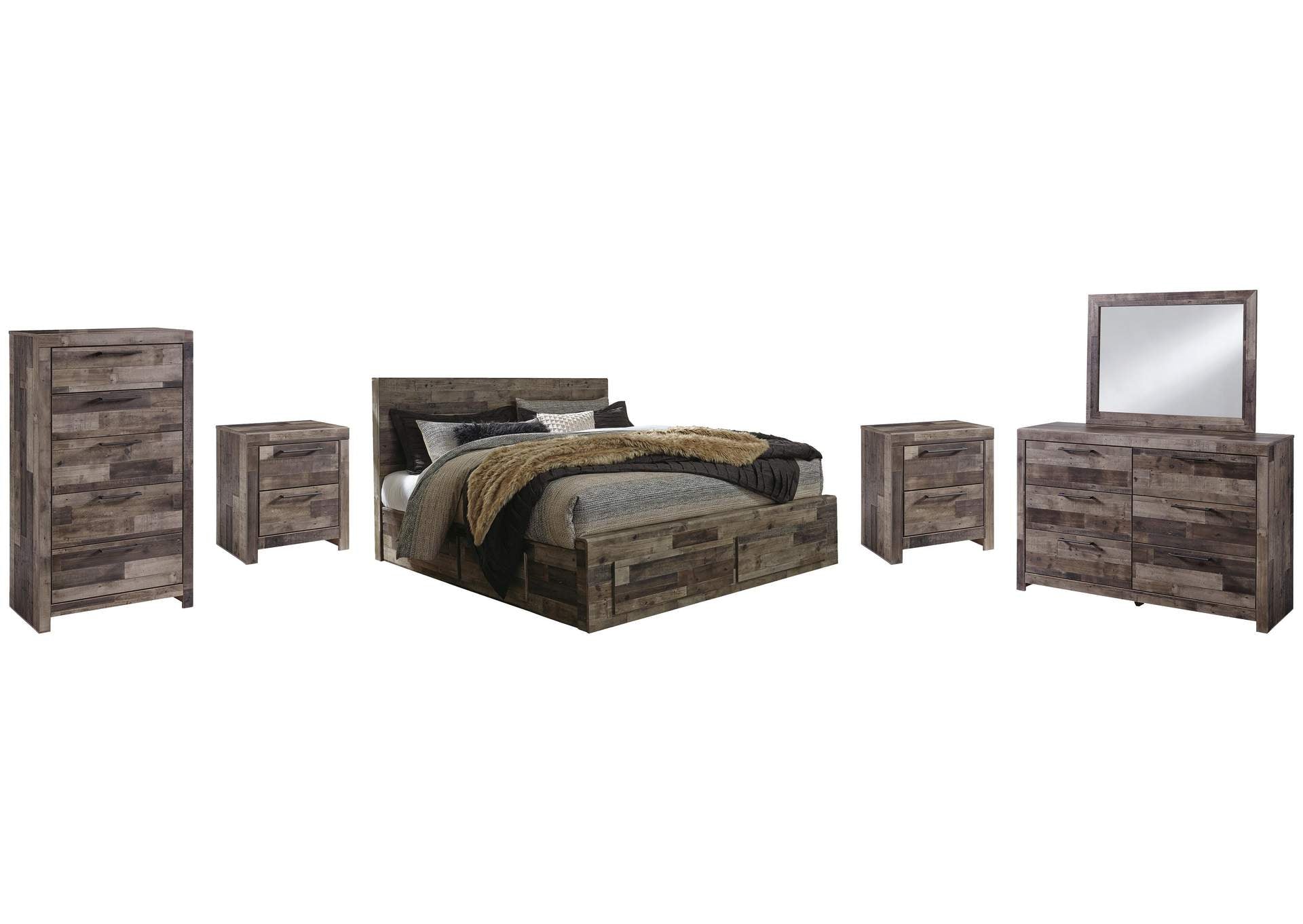 Derekson King Panel Bed with 6 Storage Drawers with Mirrored Dresser, Chest and 2 Nightstands