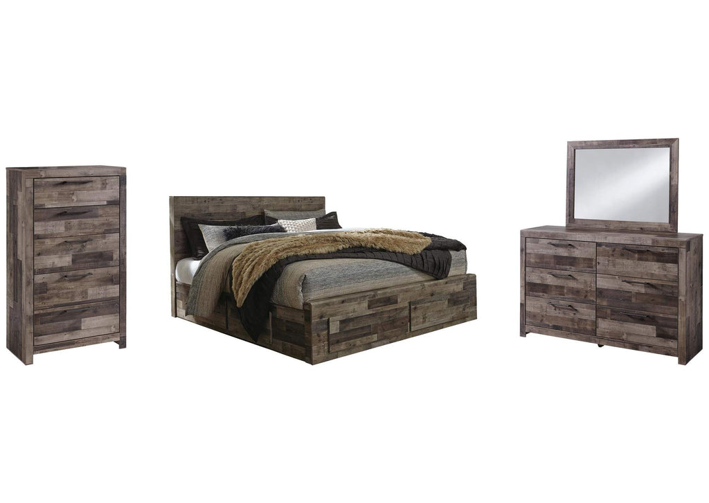 Derekson King Panel Bed with 6 Storage Drawers with Mirrored Dresser and Chest