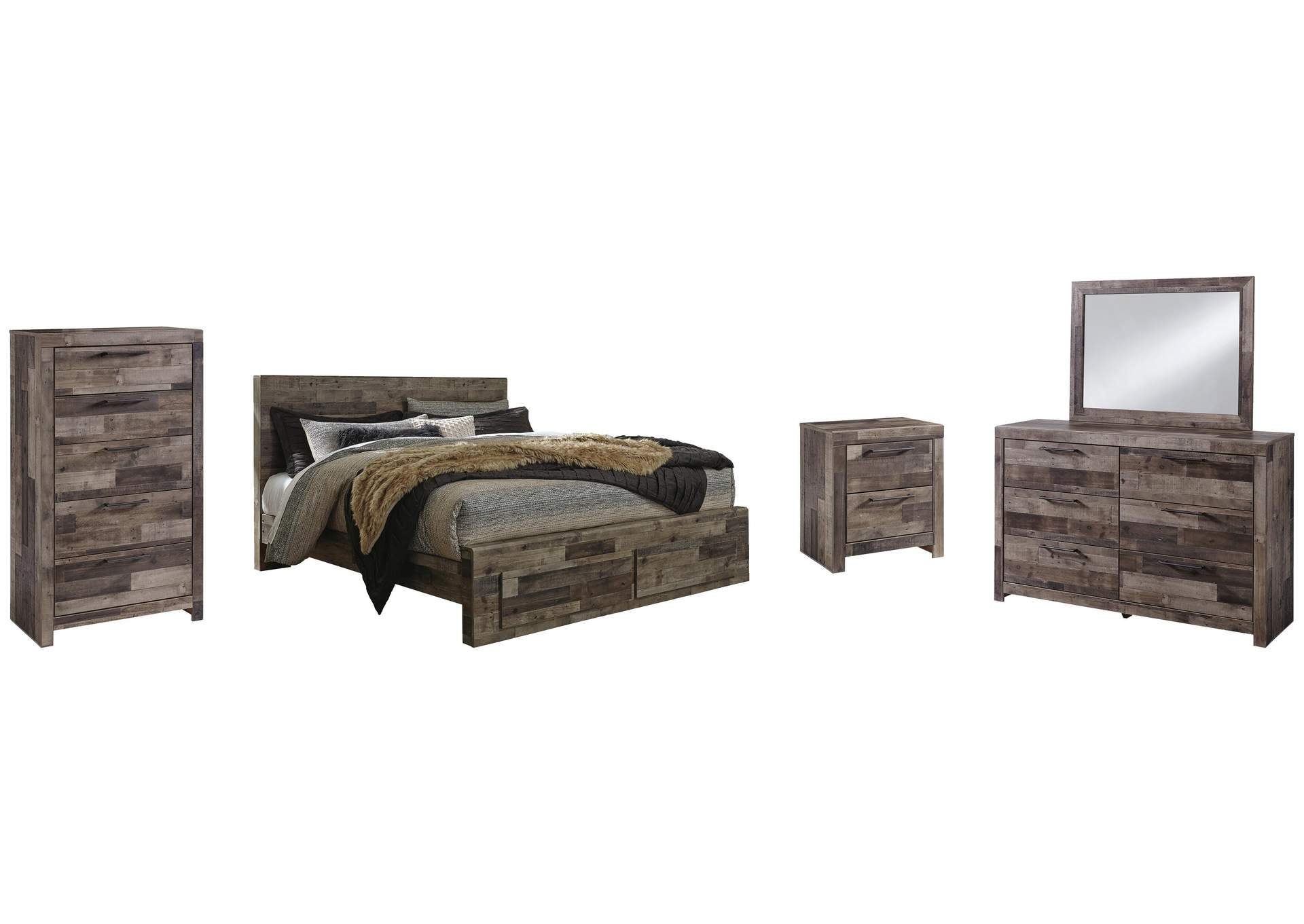 Derekson King Panel Bed with 2 Storage Drawers with Mirrored Dresser, Chest and Nightstand