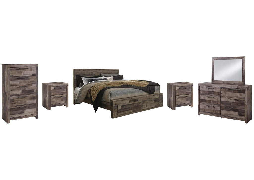 Derekson King Panel Bed with 2 Storage Drawers with Mirrored Dresser, Chest and 2 Nightstands