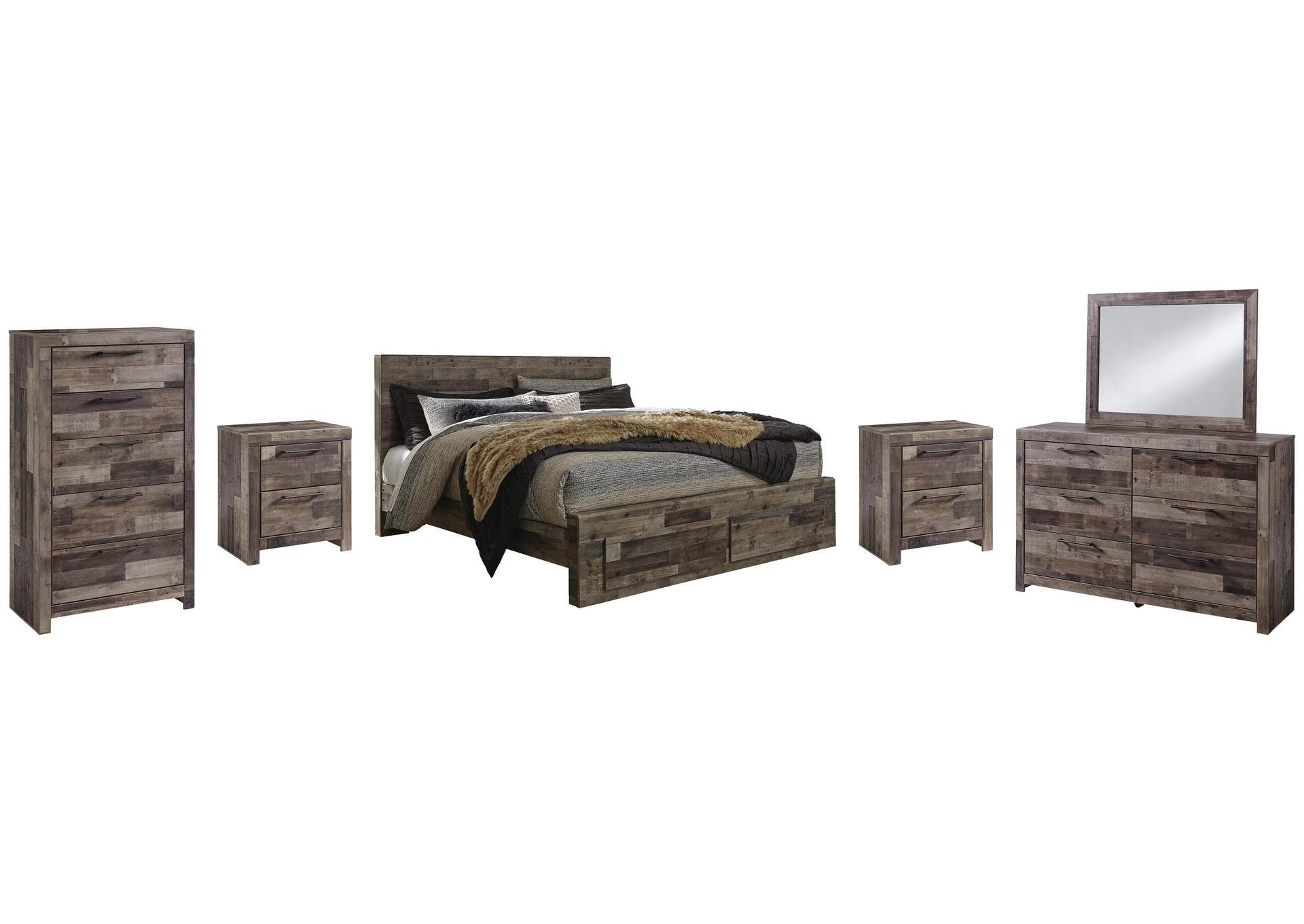 Derekson King Panel Bed with 2 Storage Drawers with Mirrored Dresser, Chest and 2 Nightstands