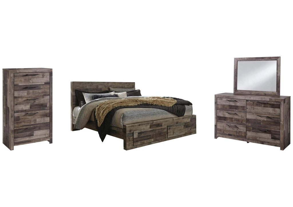 Derekson King Panel Bed with 2 Storage Drawers with Mirrored Dresser and Chest