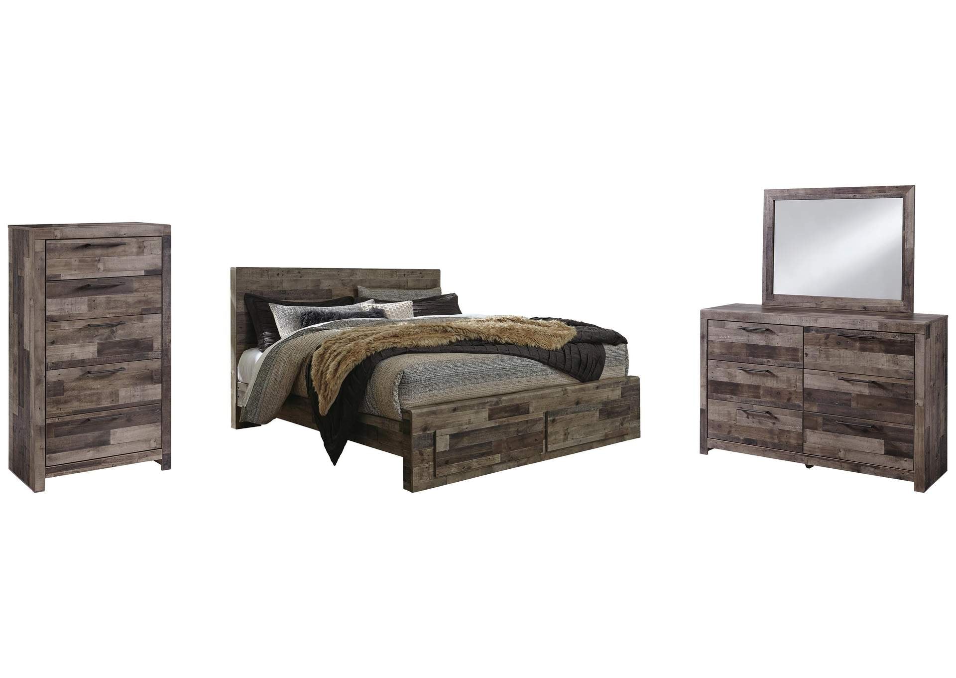 Derekson King Panel Bed with 2 Storage Drawers with Mirrored Dresser and Chest