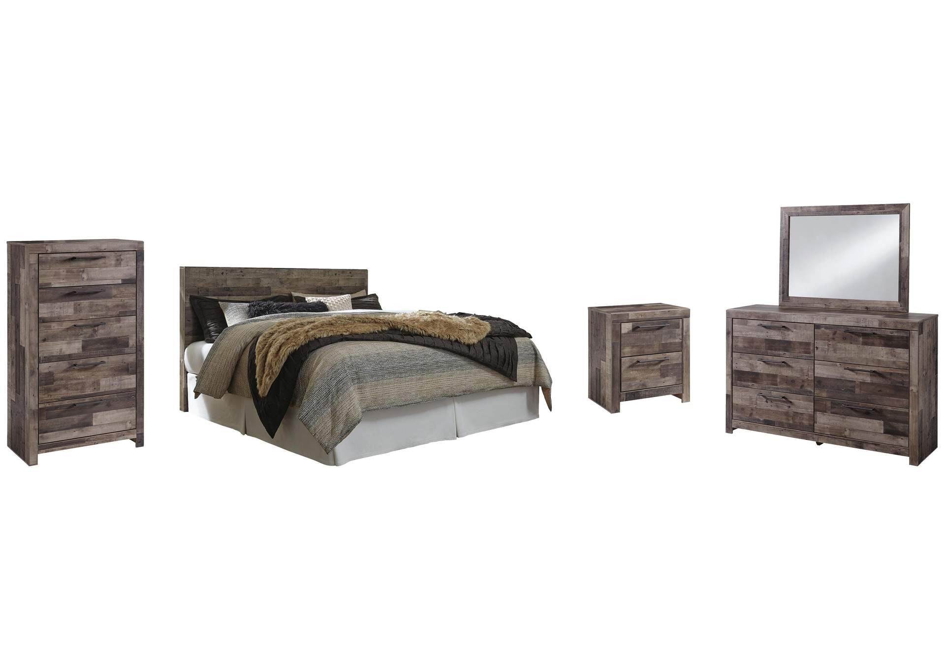 Derekson King Panel Headboard Bed with Mirrored Dresser, Chest and Nightstand