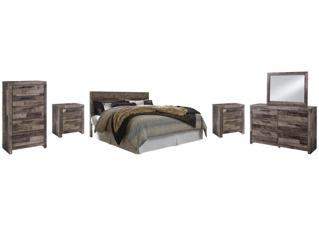 Derekson King Panel Headboard Bed with Mirrored Dresser, Chest and 2 Nightstands