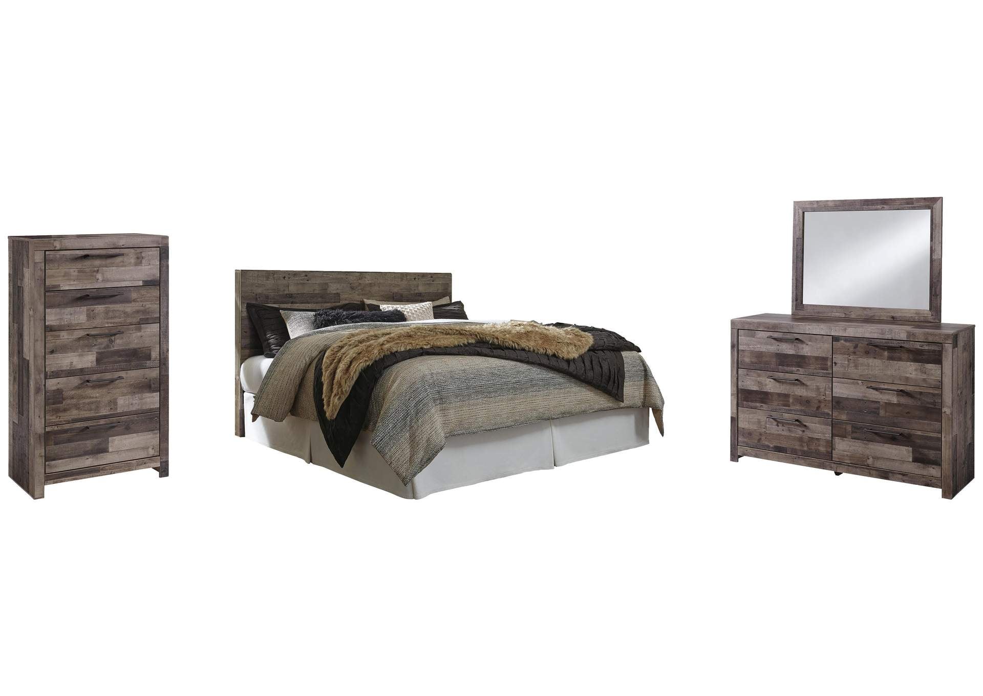 Derekson King Panel Headboard Bed with Mirrored Dresser and Chest