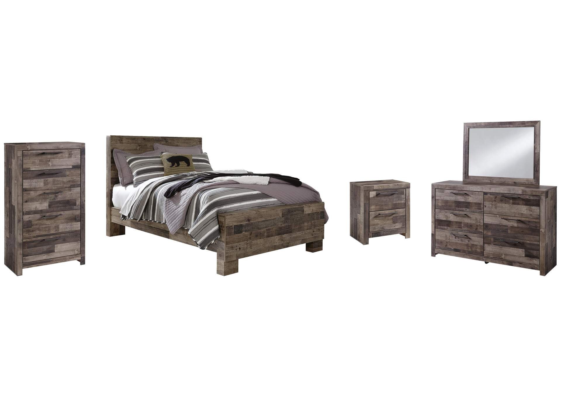 Derekson Full Panel Bed with Mirrored Dresser, Chest and Nightstand