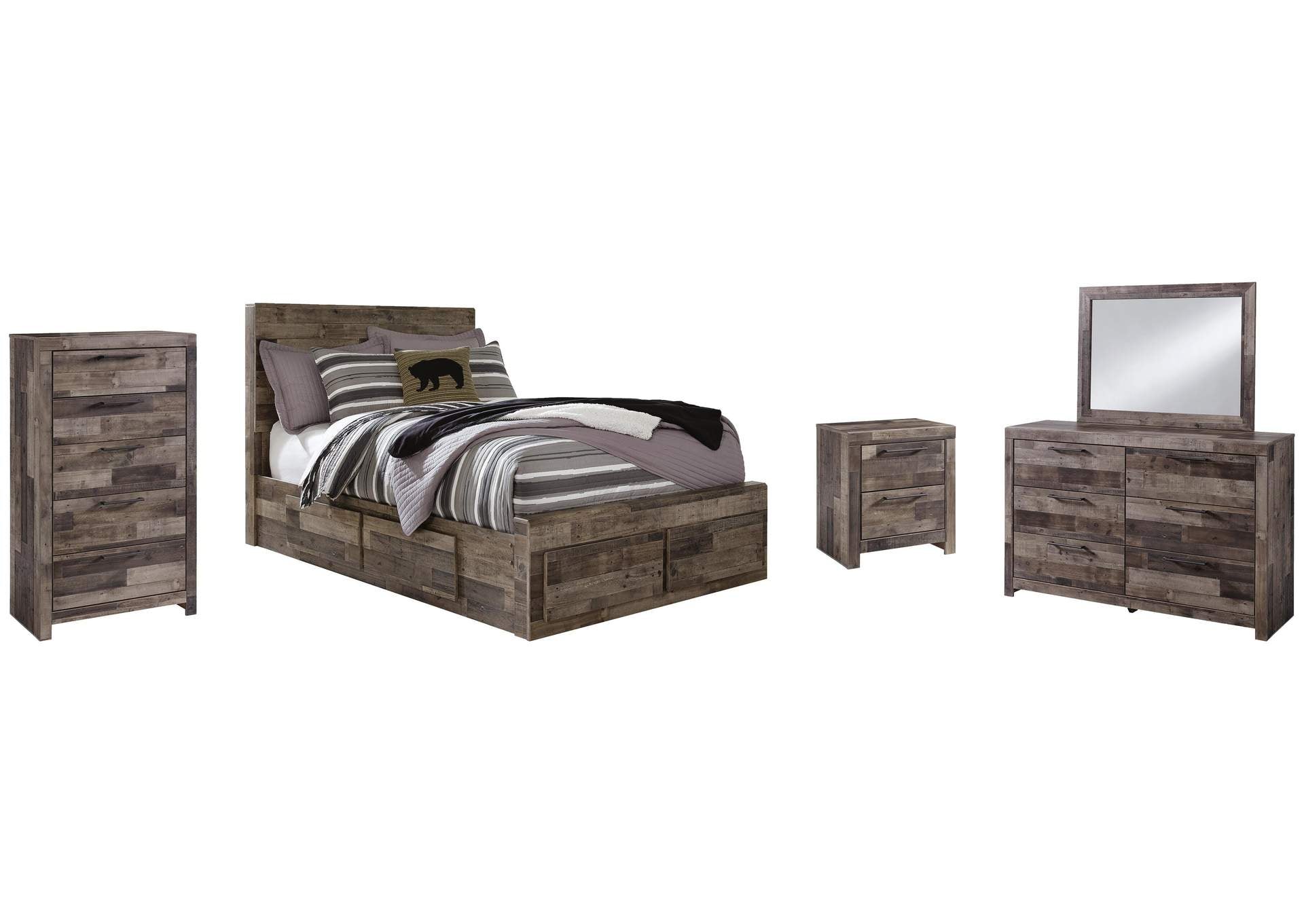 Derekson Full Panel Bed with 6 Storage Drawers with Mirrored Dresser, Chest and Nightstand