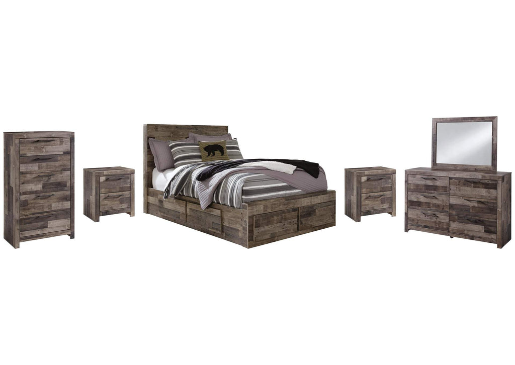 Derekson Full Panel Bed with 6 Storage Drawers with Mirrored Dresser, Chest and 2 Nightstands