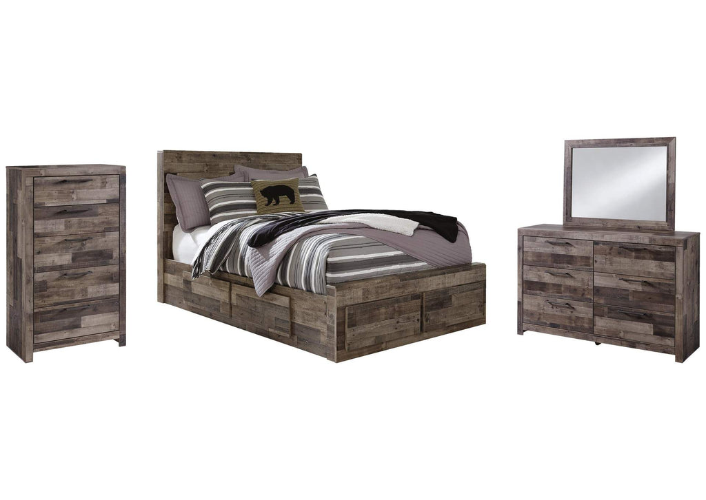 Derekson Full Panel Bed with 6 Storage Drawers with Mirrored Dresser and Chest