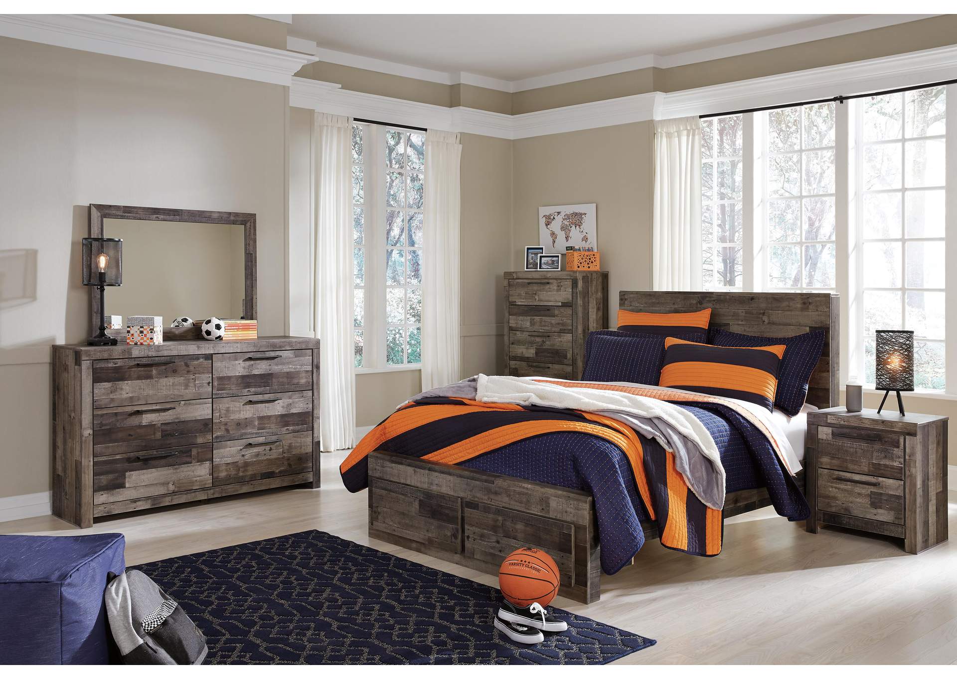 Derekson Full Panel Bed with 2 Storage Drawers with Mirrored Dresser, Chest and Nightstand