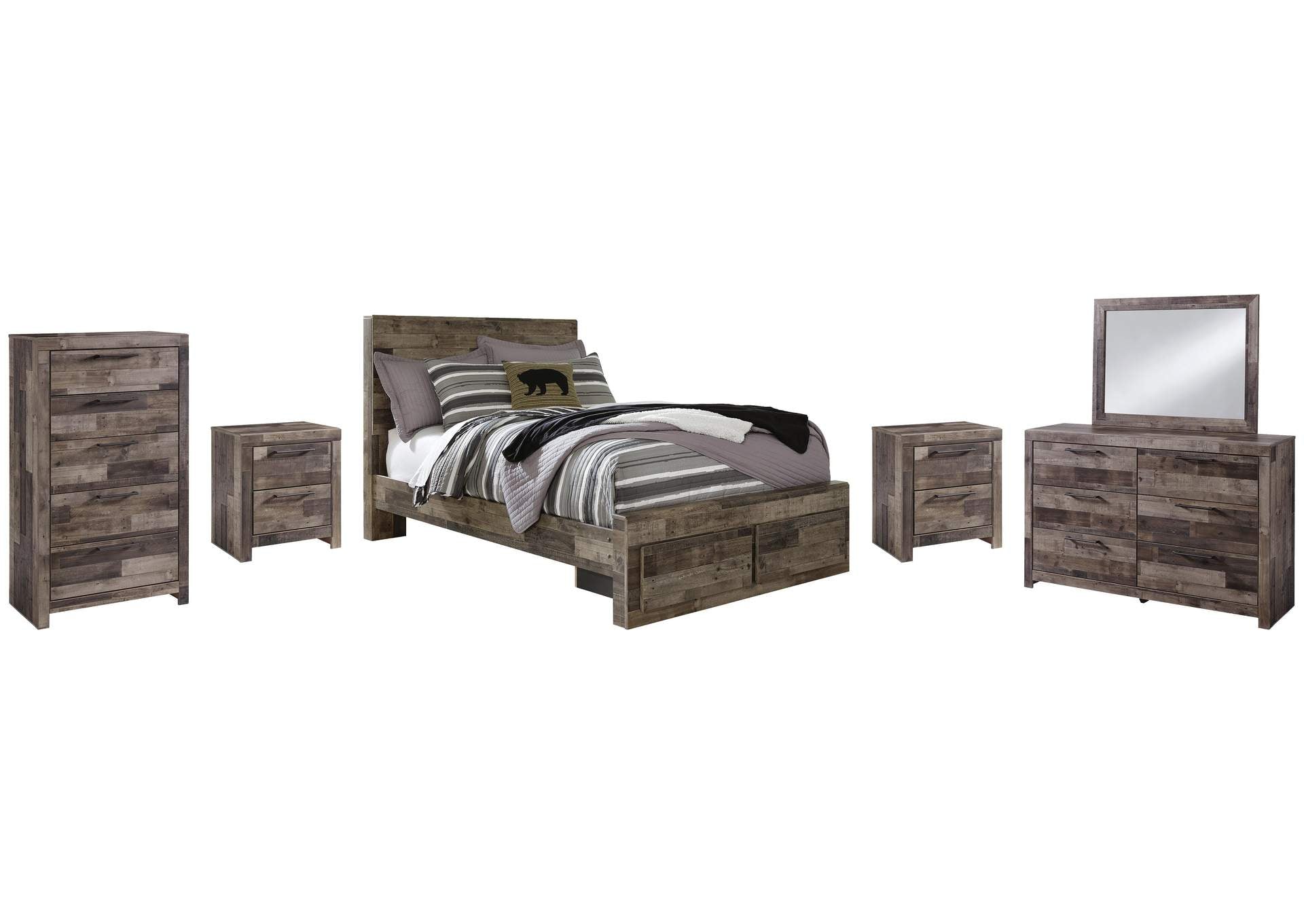 Derekson Full Panel Bed with 2 Storage Drawers with Mirrored Dresser, Chest and 2 Nightstands
