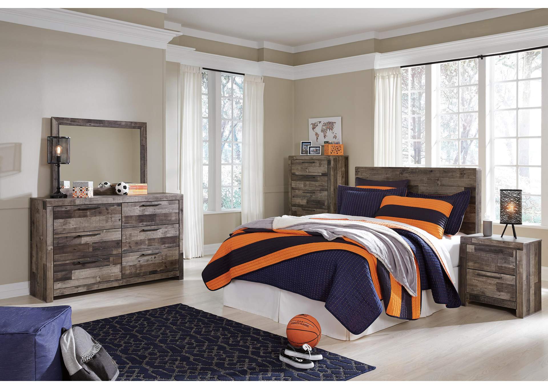 Derekson Full Panel Headboard Bed with Mirrored Dresser, Chest and Nightstand