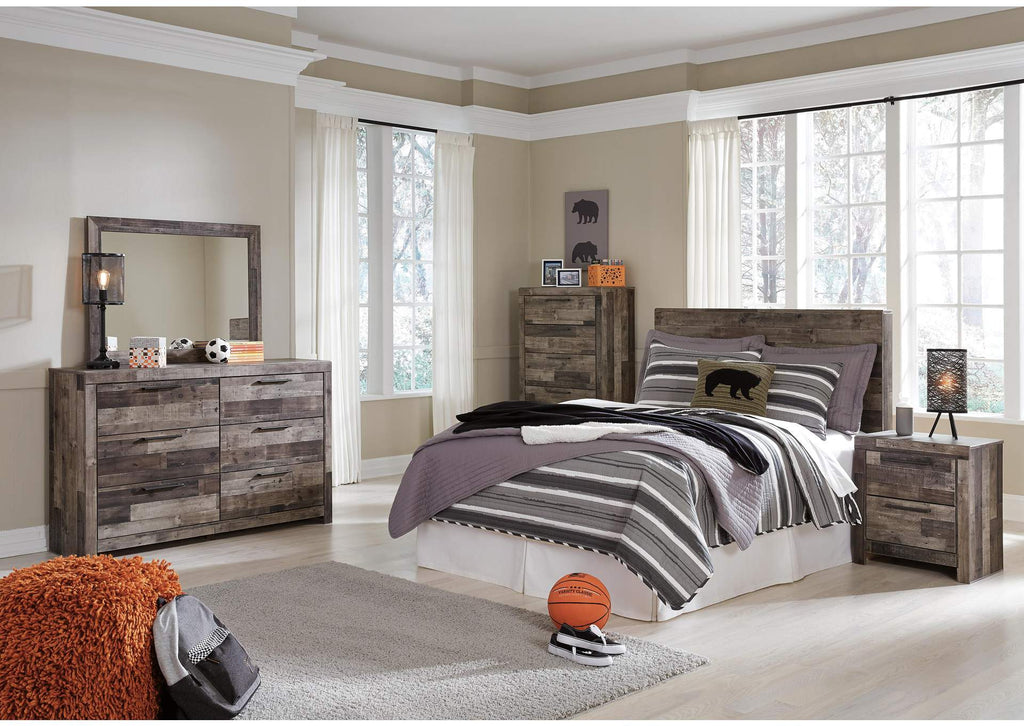 Derekson Full Panel Headboard Bed with Mirrored Dresser, Chest and Nightstand