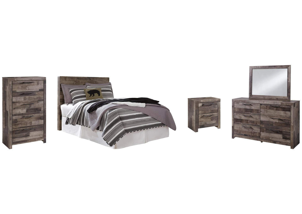 Derekson Full Panel Headboard Bed with Mirrored Dresser, Chest and Nightstand
