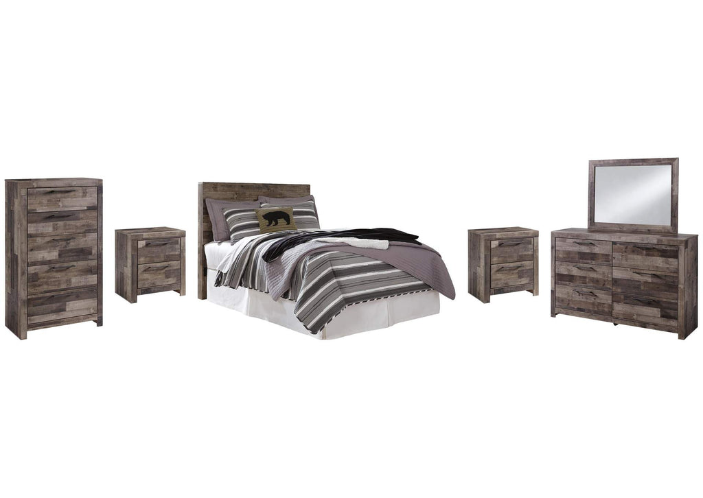 Derekson Full Panel Headboard Bed with Mirrored Dresser, Chest and 2 Nightstands