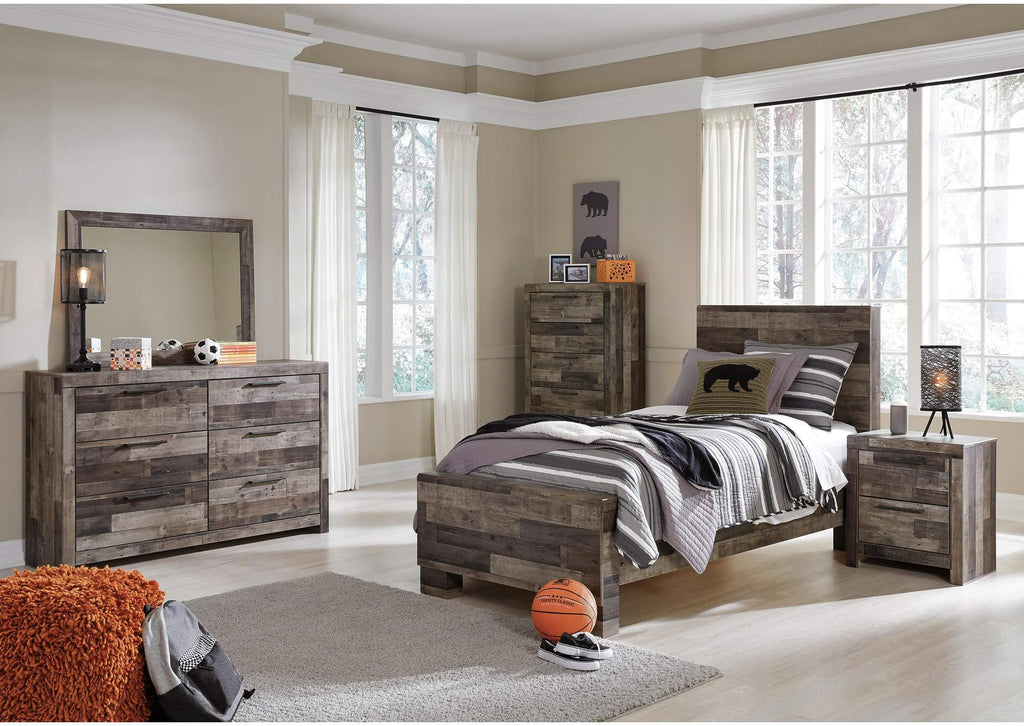 Derekson Twin Panel Bed with Mirrored Dresser, Chest and Nightstand