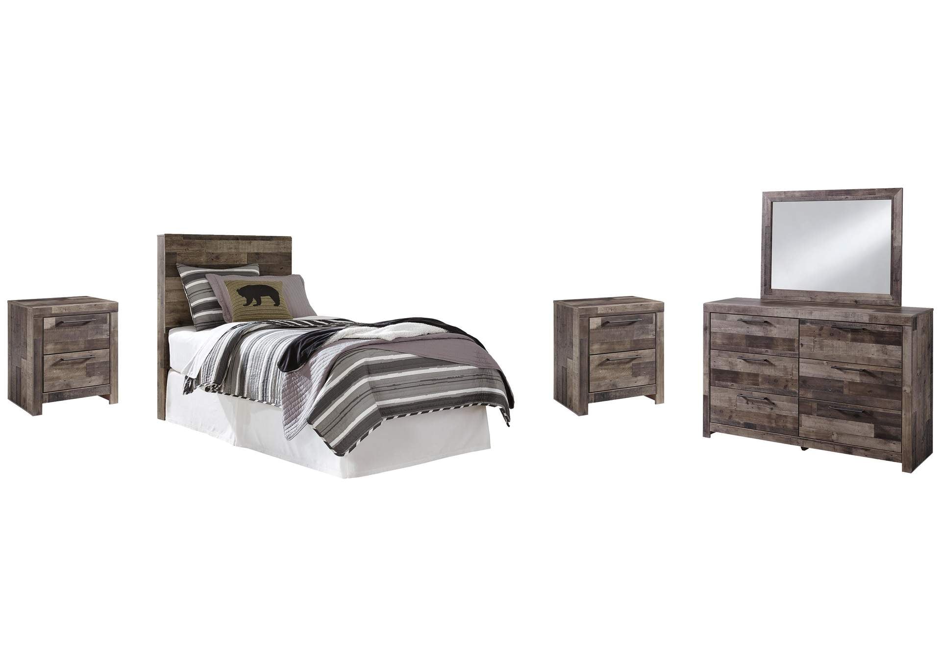 Derekson Twin Panel Headboard Bed with Mirrored Dresser and 2 Nightstands