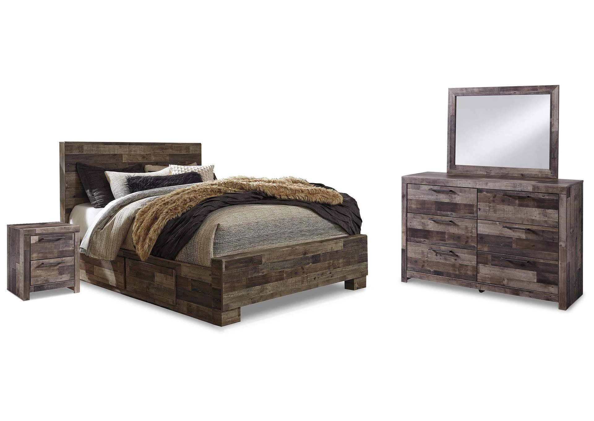 Derekson Queen Panel Bed with 2 Storage Drawers with Mirrored Dresser and 2 Nightstands