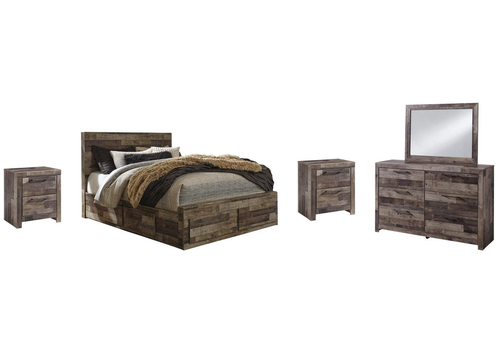 Derekson Queen Panel Bed with 4 Storage Drawers with Mirrored Dresser and 2 Nightstands