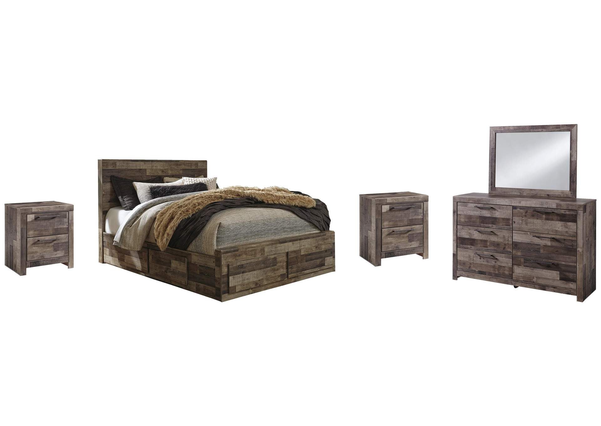 Derekson Queen Panel Bed with 4 Storage Drawers with Mirrored Dresser and 2 Nightstands