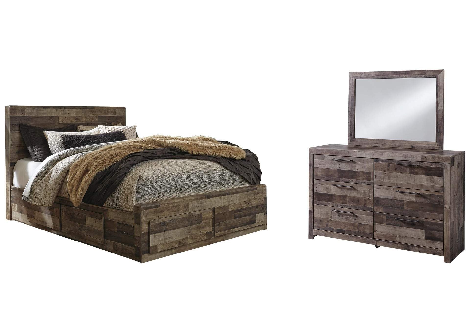 Derekson Queen Panel Bed with 4 Storage Drawers with Mirrored Dresser