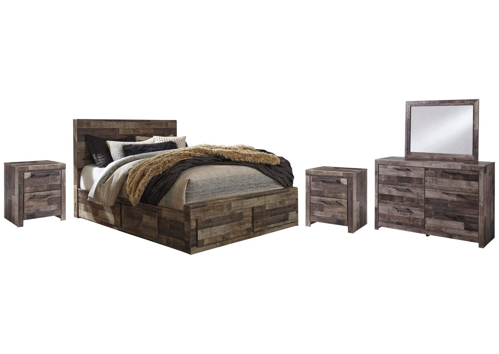 Derekson Queen Panel Bed with 6 Storage Drawers with Mirrored Dresser and 2 Nightstands
