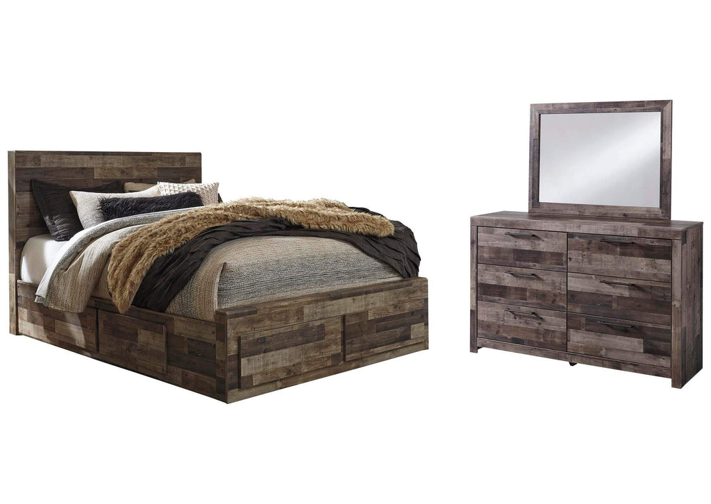 Derekson Queen Panel Bed with 6 Storage Drawers with Mirrored Dresser