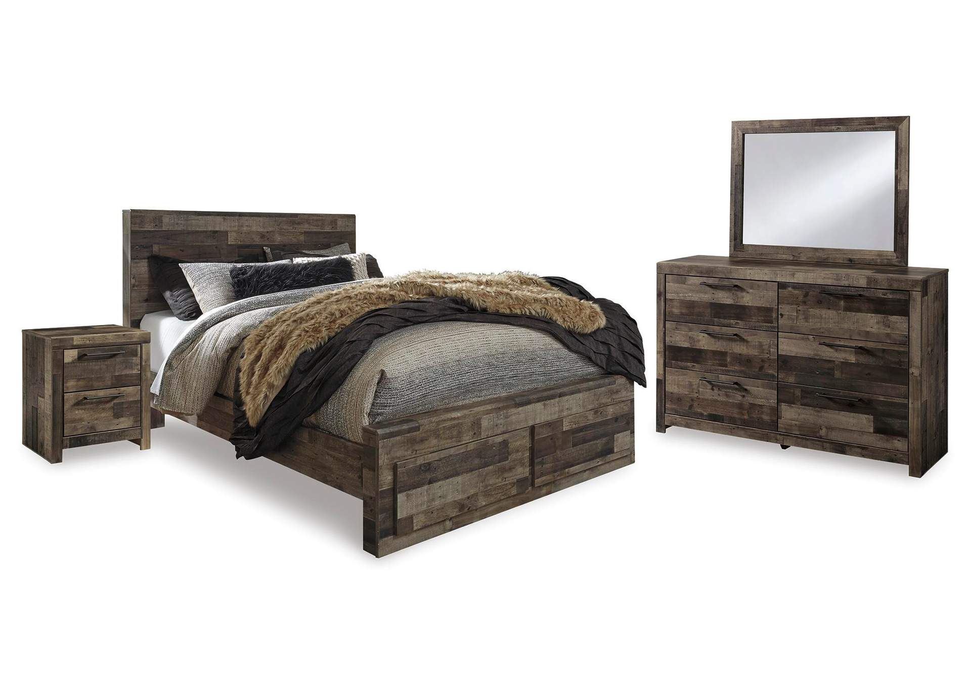 Derekson Queen Panel Bed with 2 Storage Drawers with Mirrored Dresser and Nightstand