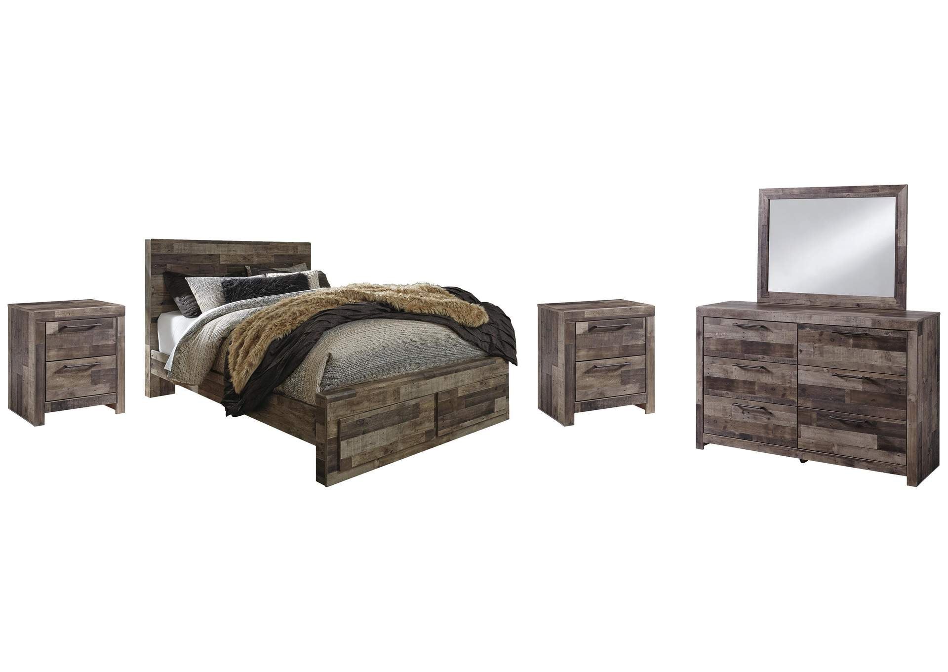 Derekson Queen Panel Bed with 2 Storage Drawers with Mirrored Dresser, Chest and Nightstand