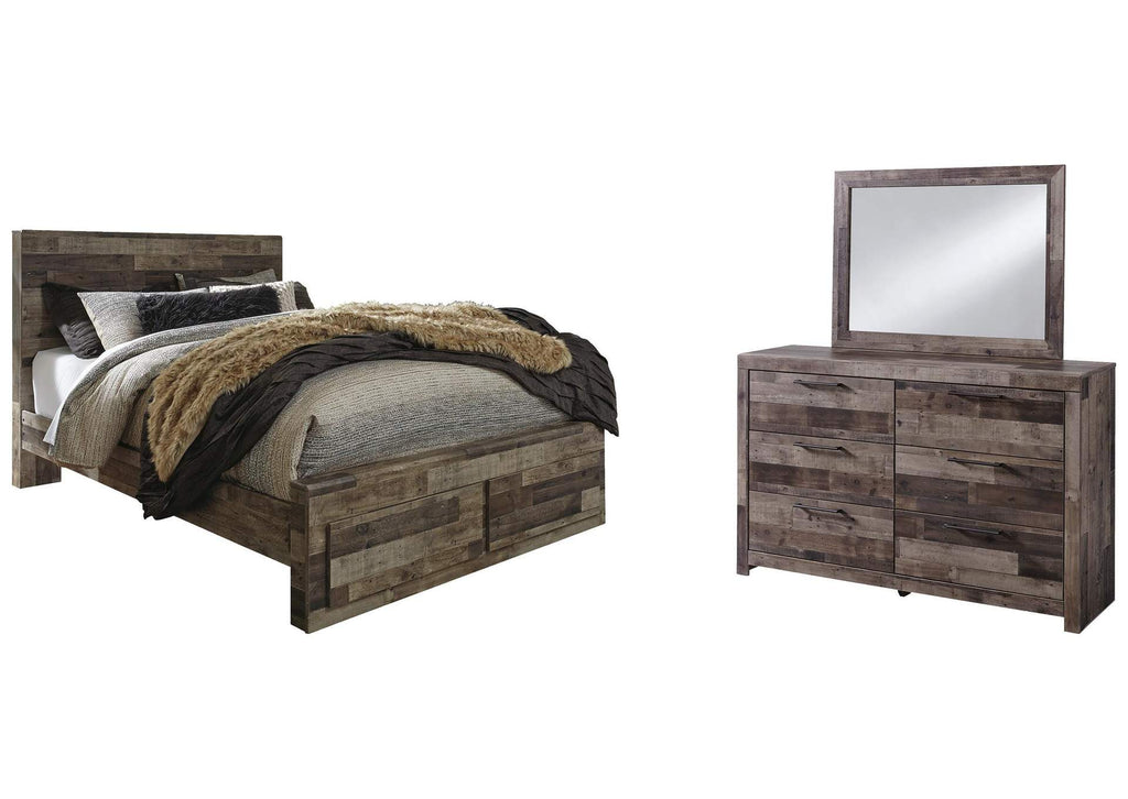 Derekson Queen Panel Bed with 2 Storage Drawers with Mirrored Dresser