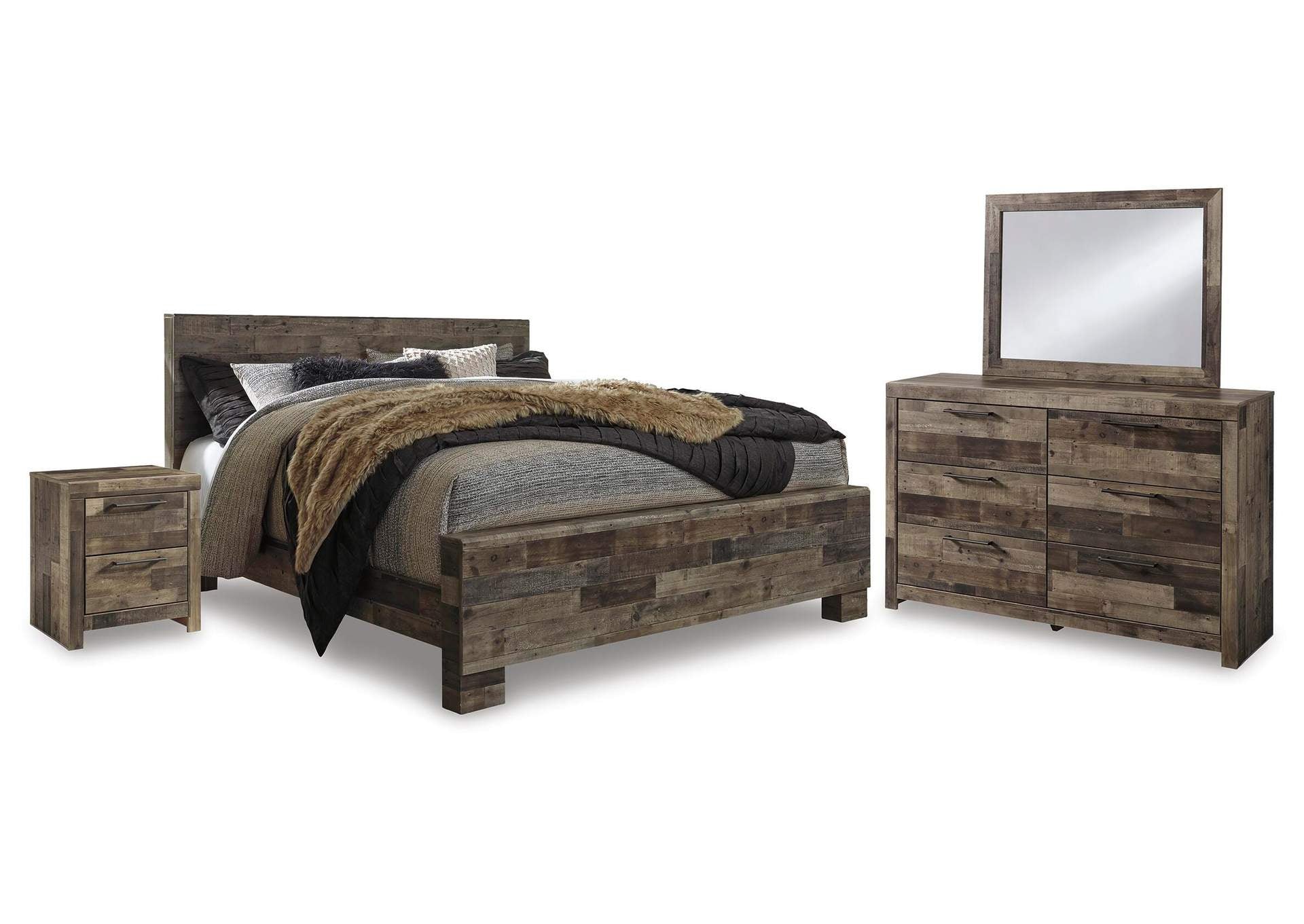 Derekson King Panel Bed with Mirrored Dresser and Nightstand