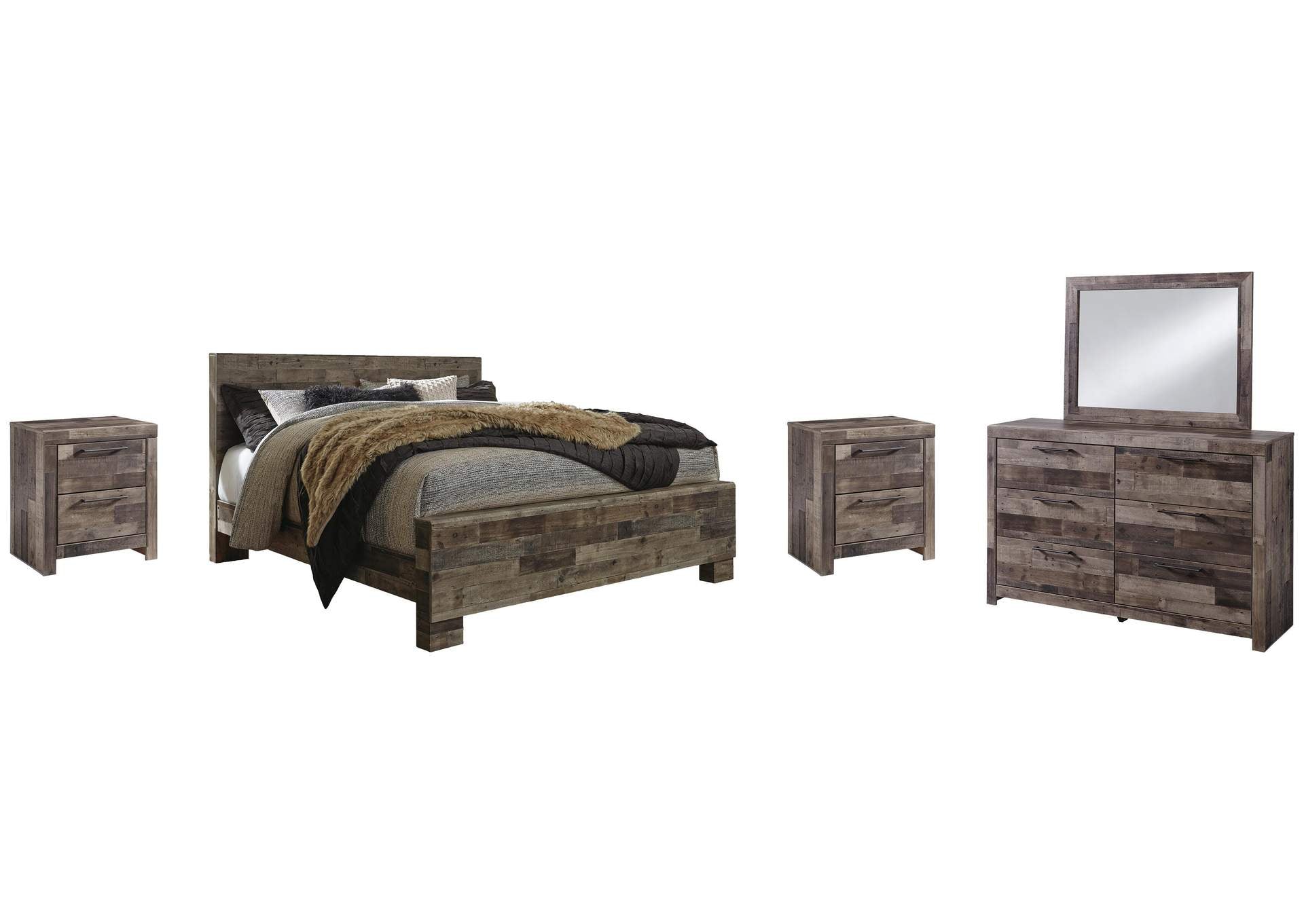 Derekson King Panel Bed with Mirrored Dresser and 2 Nightstands