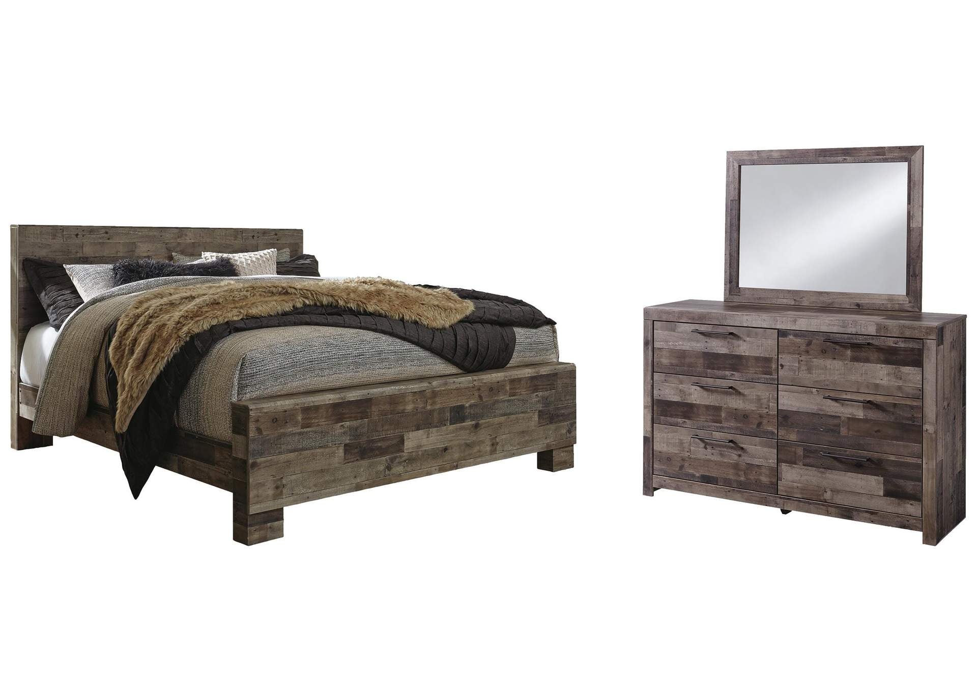 Derekson King Panel Bed with Mirrored Dresser