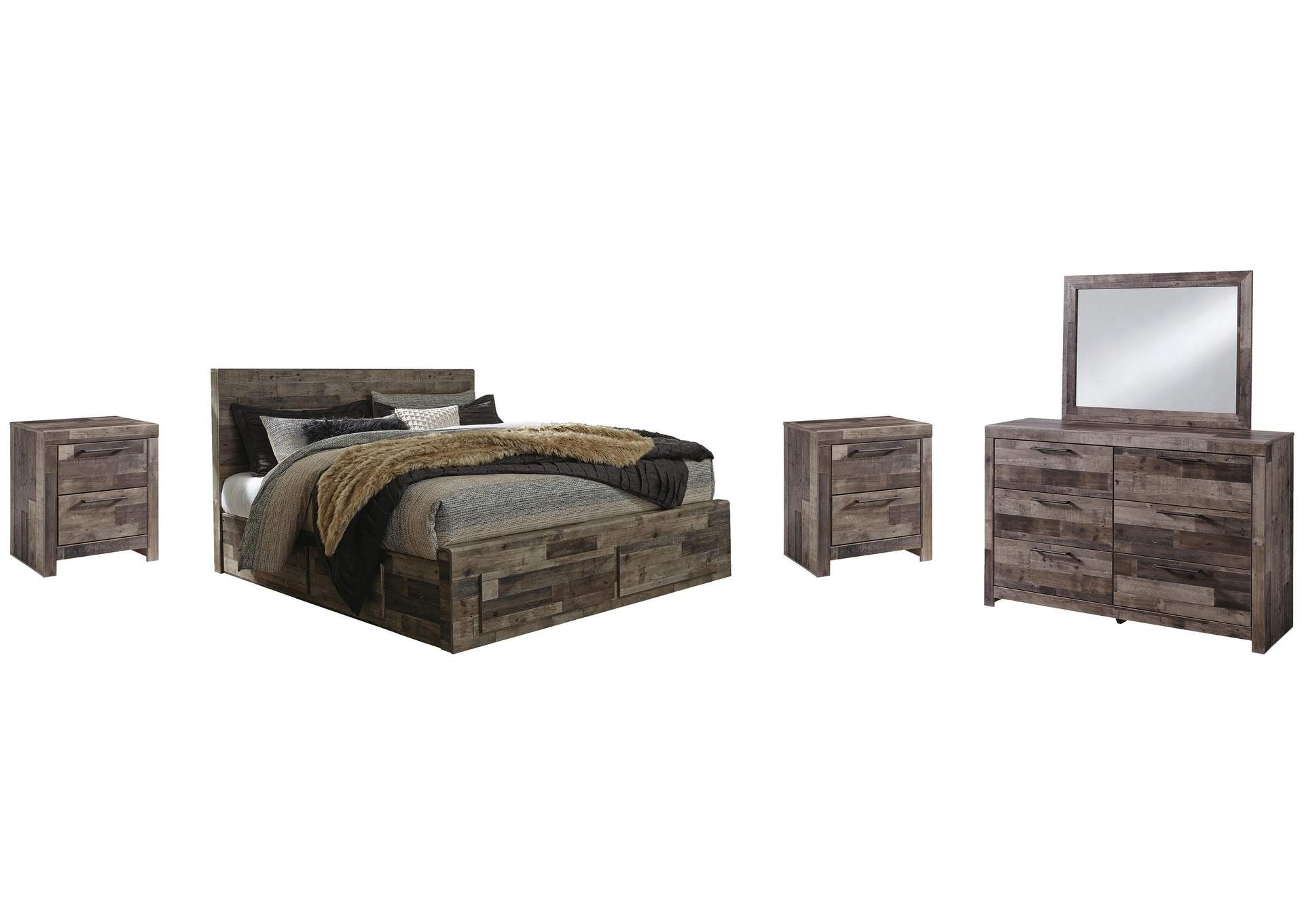 Derekson King Panel Bed with 4 Storage Drawers with Mirrored Dresser and 2 Nightstands