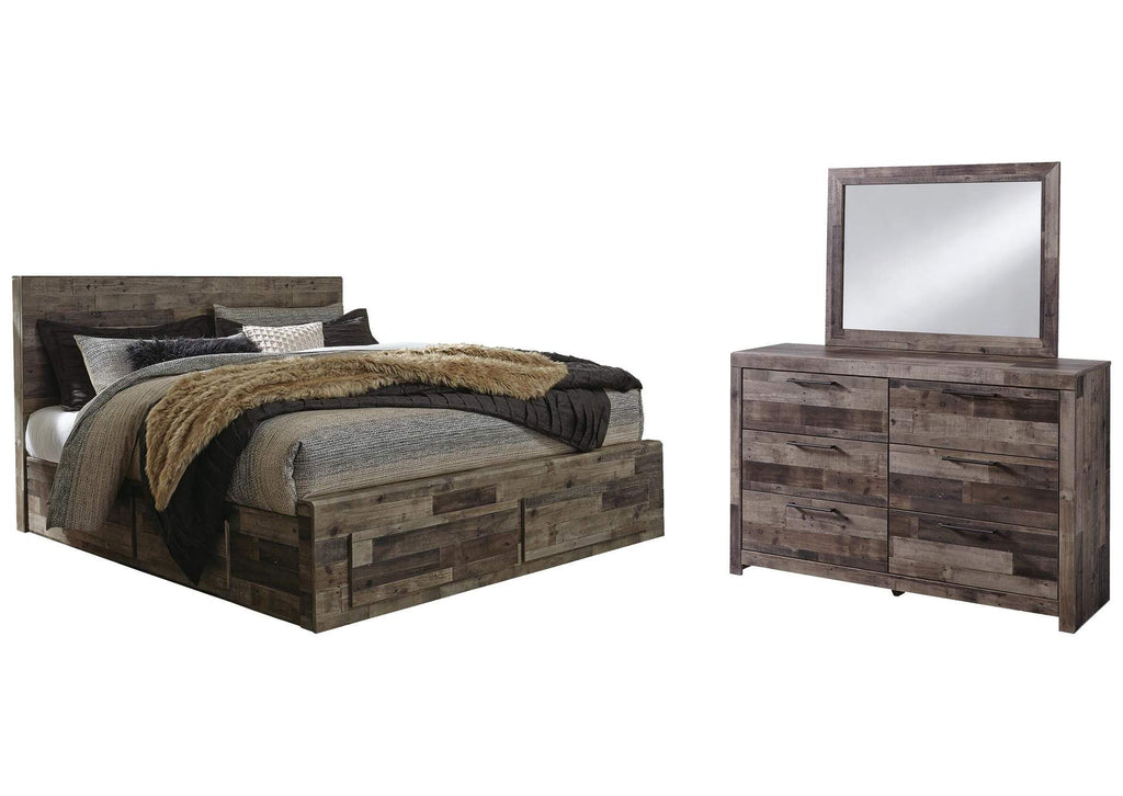 Derekson King Panel Bed with 4 Storage Drawers with Mirrored Dresser