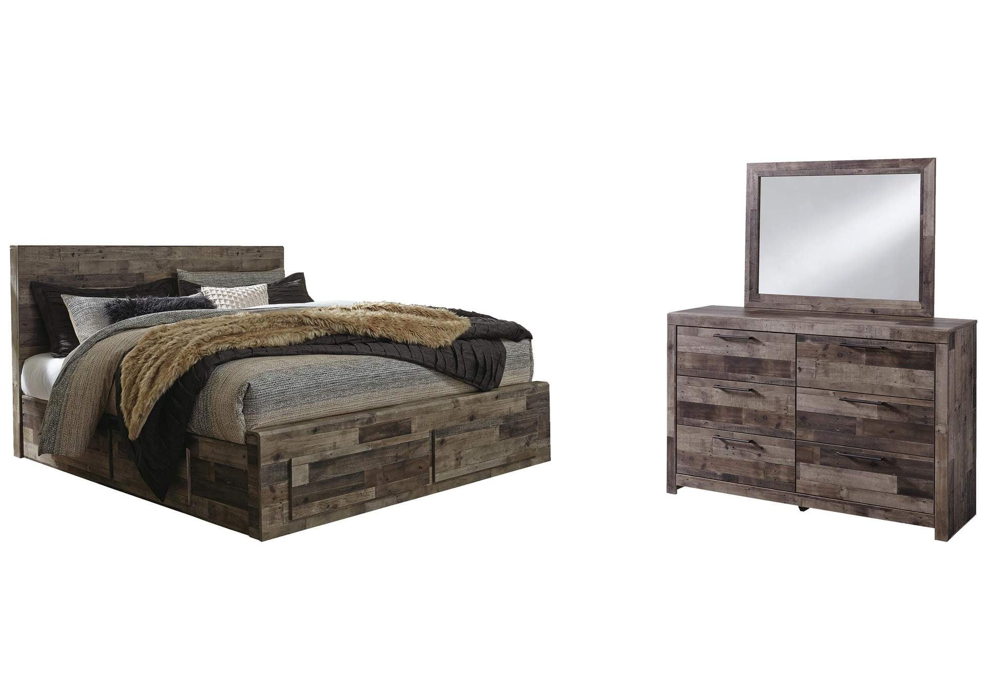 Derekson King Panel Bed with 6 Storage Drawers with Mirrored Dresser