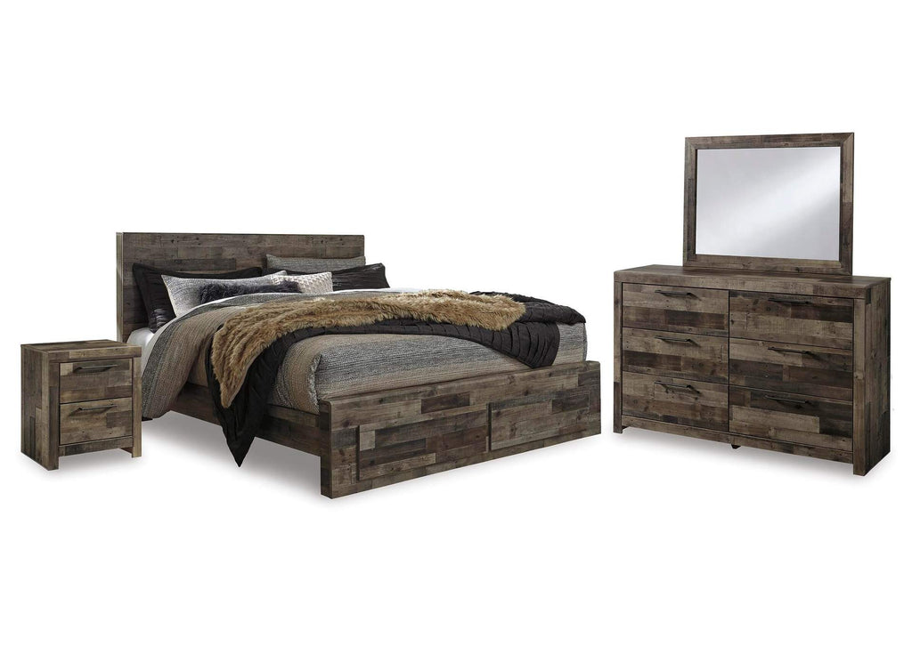Derekson King Panel Bed with 2 Storage Drawers with Mirrored Dresser and Nightstand